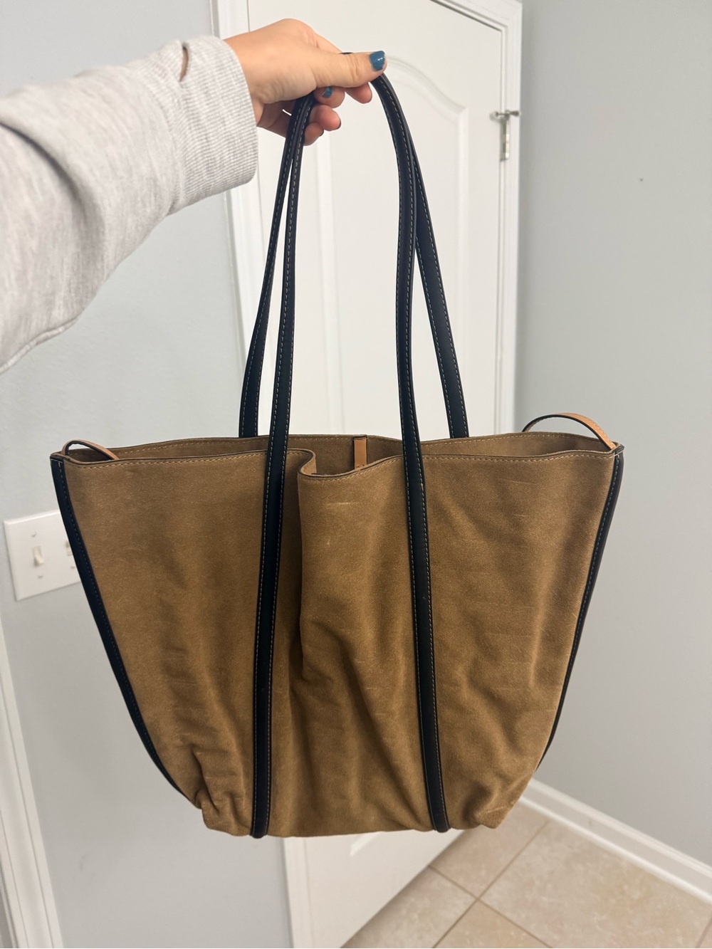Zara Tan Suede Tote with Black Trim